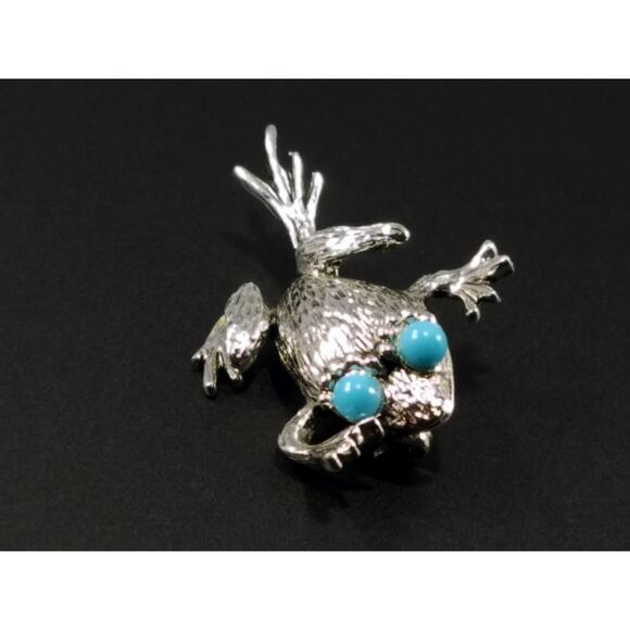 Vintage Emmons Frog Brooch Silver Tone Turquoise Eyes 1970s Book Piece Pin - Picture 8 of 10